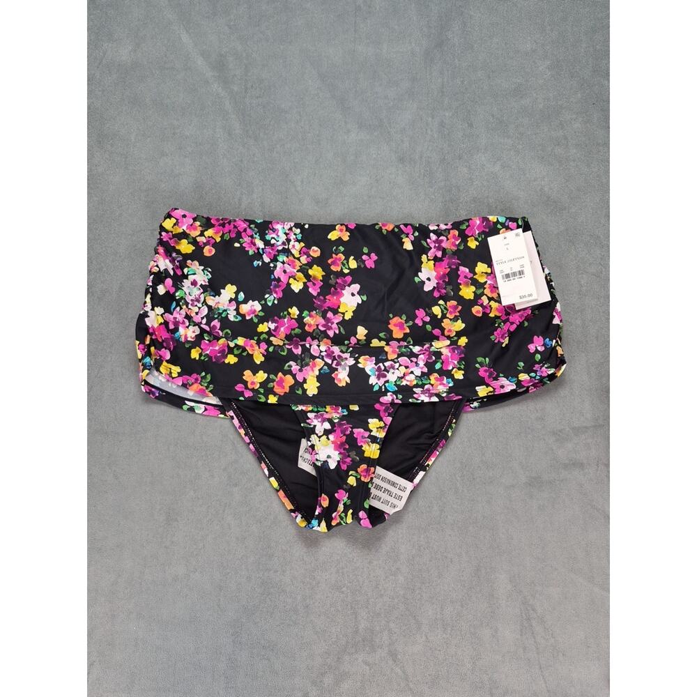 Lands' End Black Floral Bikini Bottoms with Pink, Yellow & White Blossoms